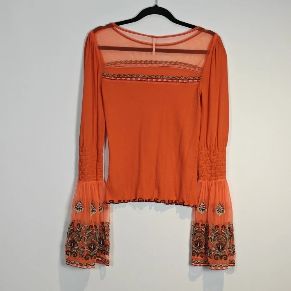 FREE PEOPLE  High Tides Embroidered Flare Sleeve Top Orange Boho XS